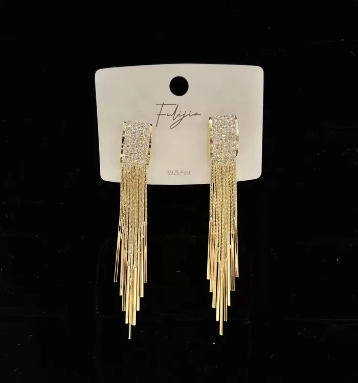 Golden Elegant Diamond Look Earrings with Long Danglers