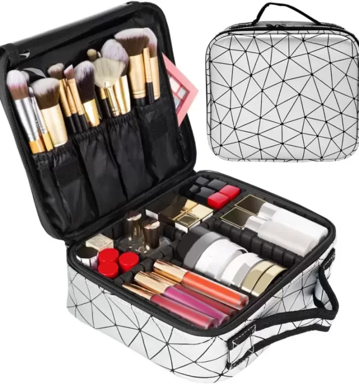 Makeup Vanity Box Cosmetics Storage bag with Adjustable Compartments – Silver