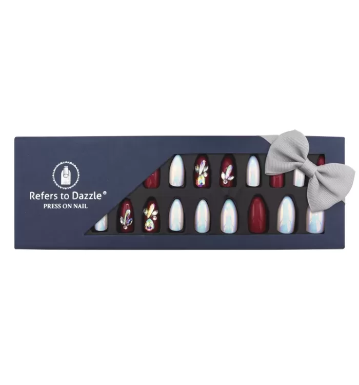 Press On Nails Refers To Dazzle White/Red/Stones 24pcs