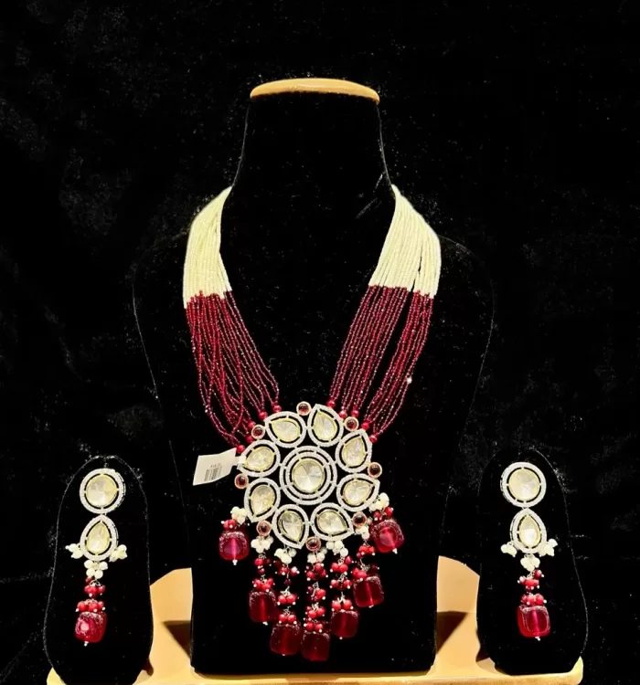 Light Maroon Long Necklace & Earrings Set