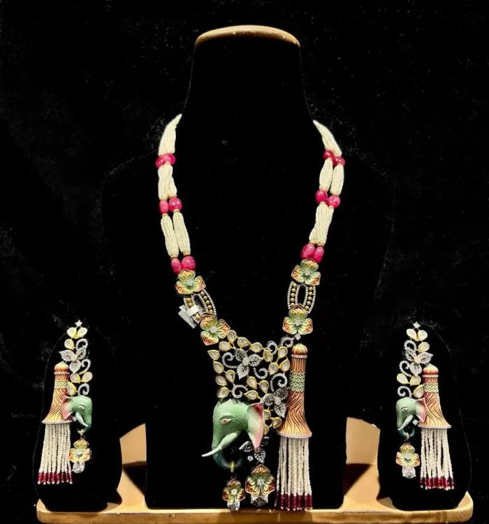 Very Exquisite Multicolour Elephant Design Long Necklace & Earrings Set