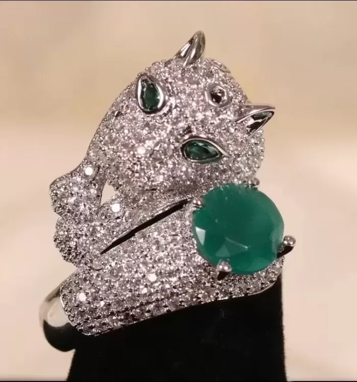 Rhodium Plated Panther with Green Zirconia Studded Detail Ring