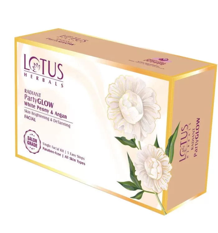 Lotus Herbals Radiant PartyGlow White Peony, Argan Skin Brightening & Detaning Single Facial Kit, 5 Piece Set