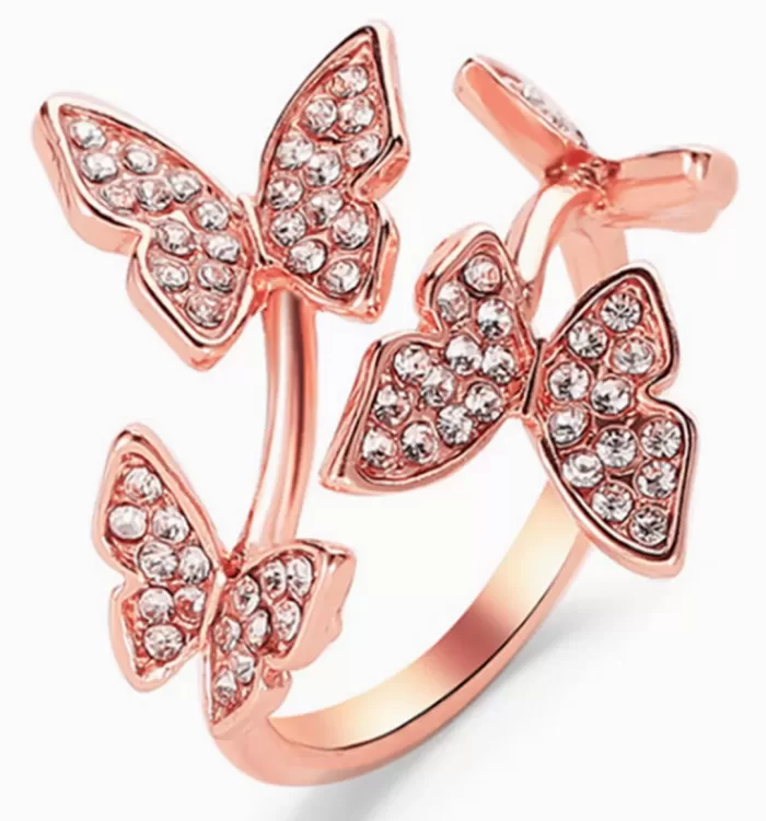 Premium Polish Rose Gold Butterflies Diamond Look Ring