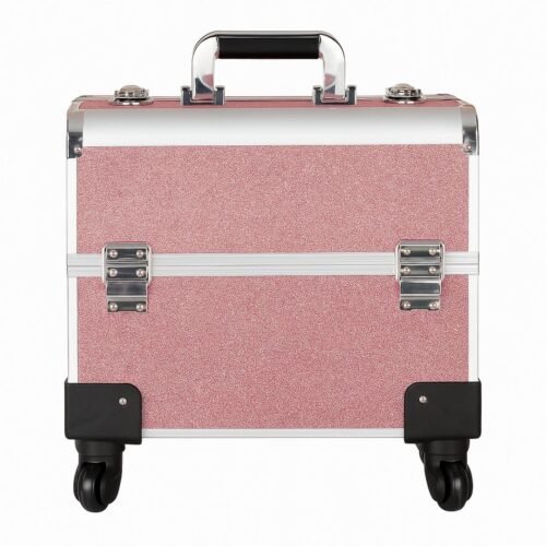 Aluminium Makeup Vanity Box with Wheels - Pink - Image 2