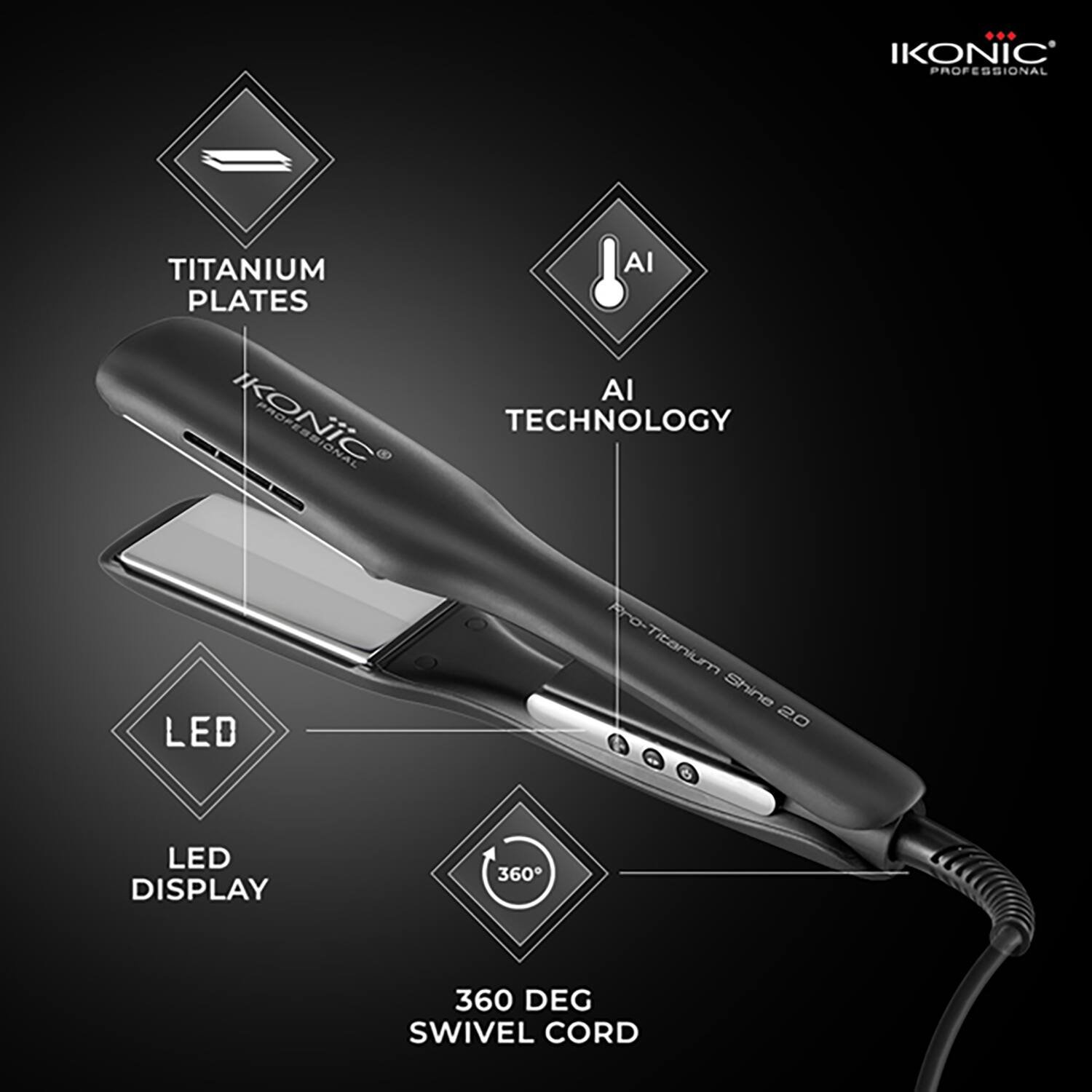Ikonic Professional Pro Titanium Shine Hair Straightener (Black & Silver) - Image 7