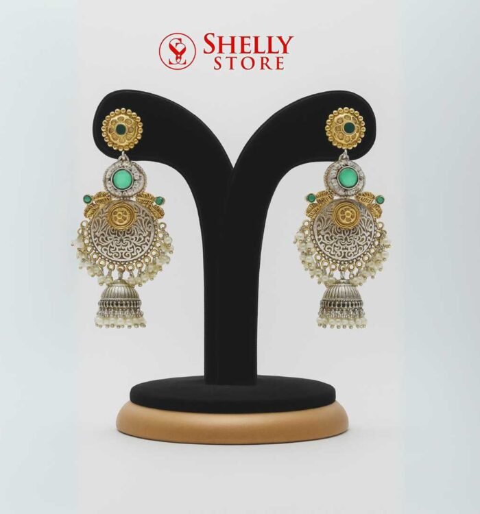 Green and Gold Designer Jhumka Earrings