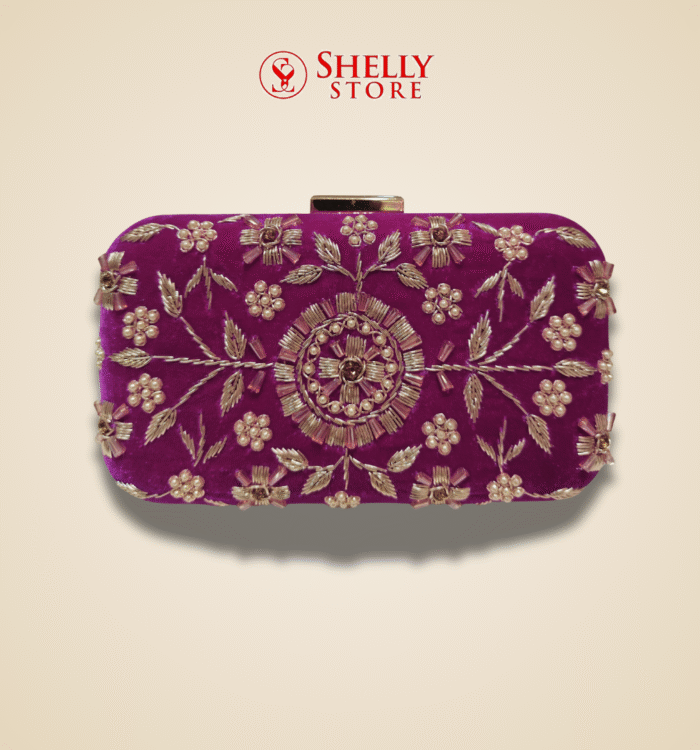 Purple Velvet Bridal Clutch with Gold Floral Embroidery