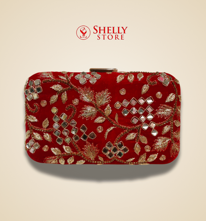 Red Mirror Work Bridal Clutch Purse with Gold Embroidery