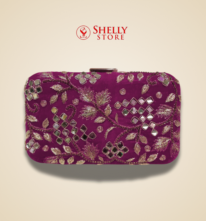 Purple Mirror Work Embroidered Wedding Clutch Bag