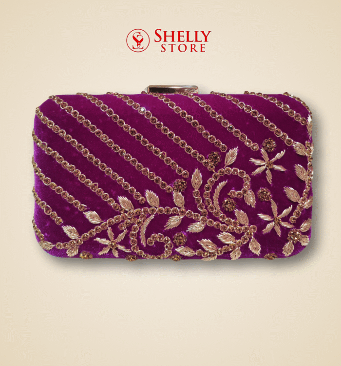 Purple Velvet Bridal Clutch with Diagonal Beadwork Embroidery