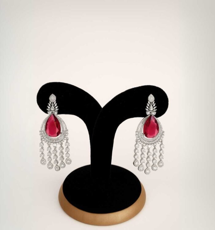 Red Stone Diamond Drop Earrings