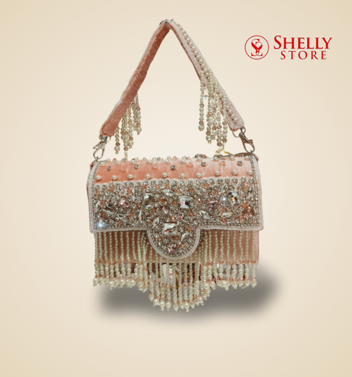 Peach Velvet Bridal Bag with Pearl and Crystal Embellishments