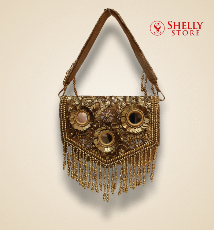 Antique Gold Mirror Work Bridal Handbag with Beaded Fringes