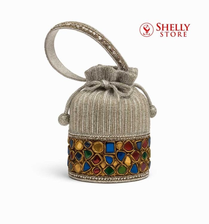 Royal Bridal Potli Bag with Silver Embellishments and Multicolor Gemstone Work