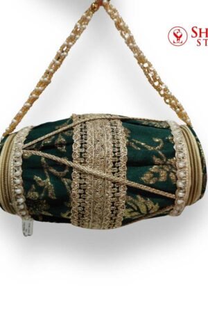 Emerald Green Embroidered Potli Clutch with Golden Bead Handle