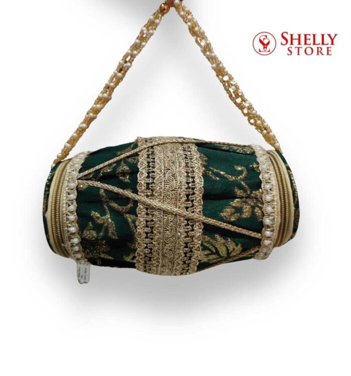 Emerald Green Embroidered Potli Clutch with Golden Bead Handle
