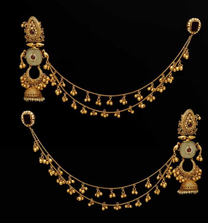 Gold Jhumka Ear Chain Earrings