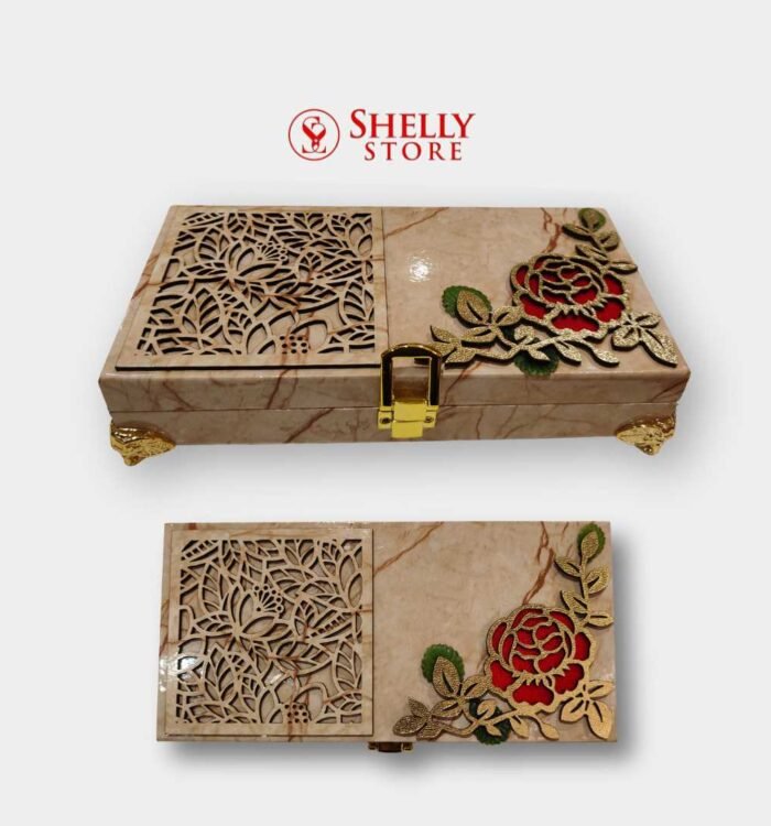 Marble Finish Wedding Cash Box with Golden Floral Embellishment
