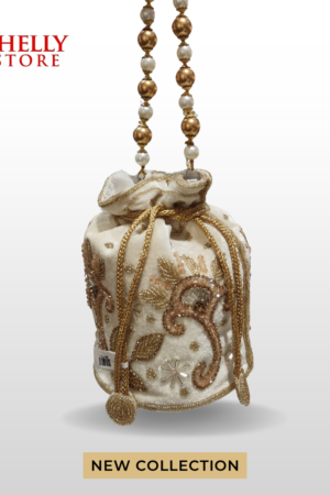 Golden Embroidered Bridal Potli with Beaded Handle