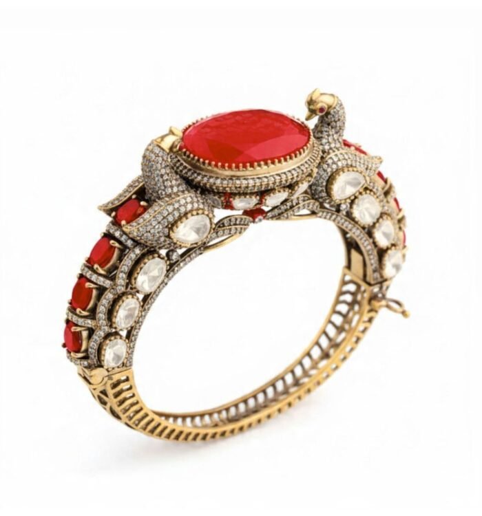 Victorian Polish Peacock Empress Kada Bracelet – Red Ruby