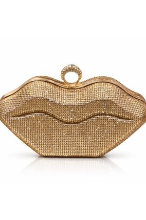 Golden Rhinestone Lips Clutch Bag