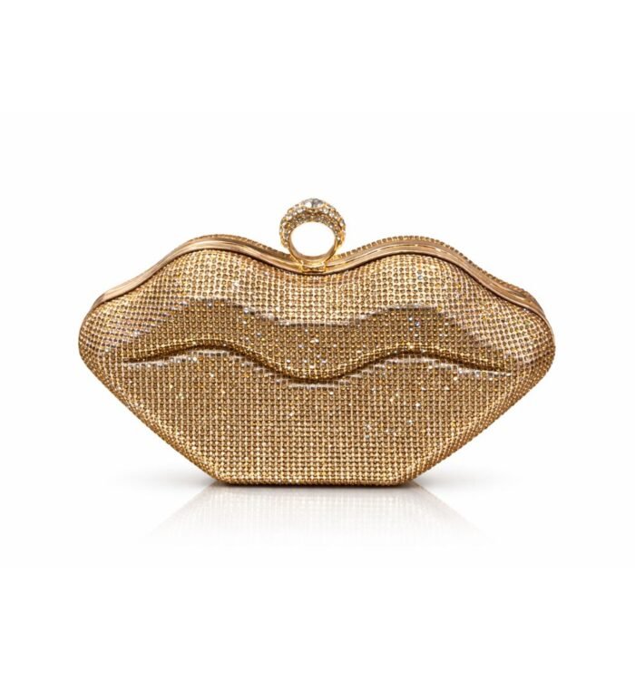 Golden Rhinestone Lips Clutch Bag
