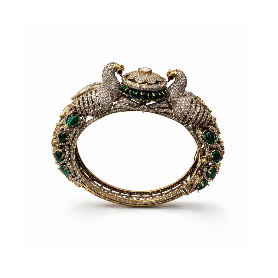 Antique Peacock Design Kada Bracelet - Green