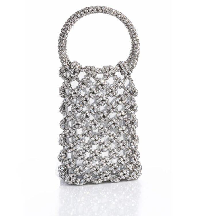Rhinestone Beaded Mobile Purse Round Handle – Silver