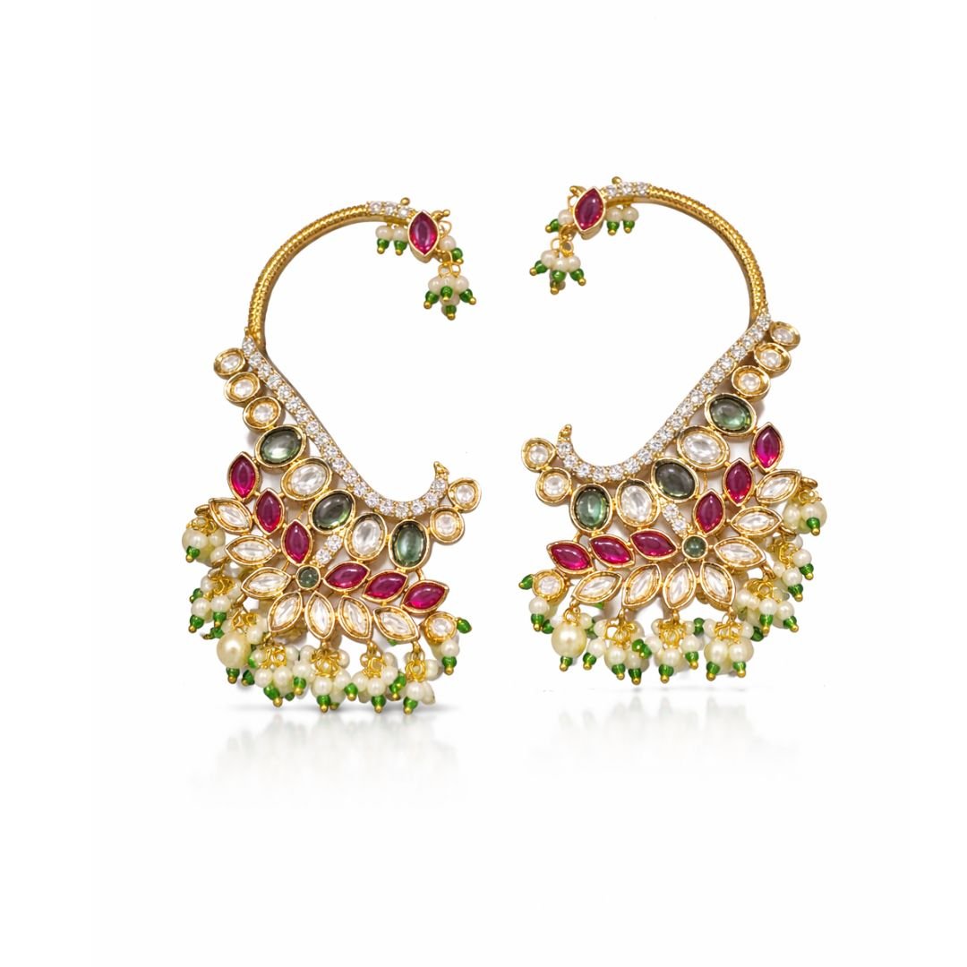 Ruby Green Kundan Kaan Phool Earrings