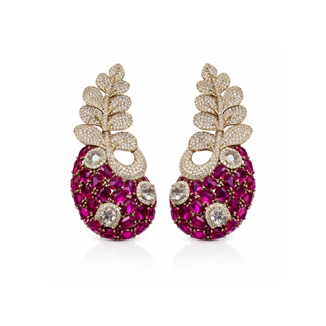 Micro-Moissanite Antique Leaf Earrings - Ruby