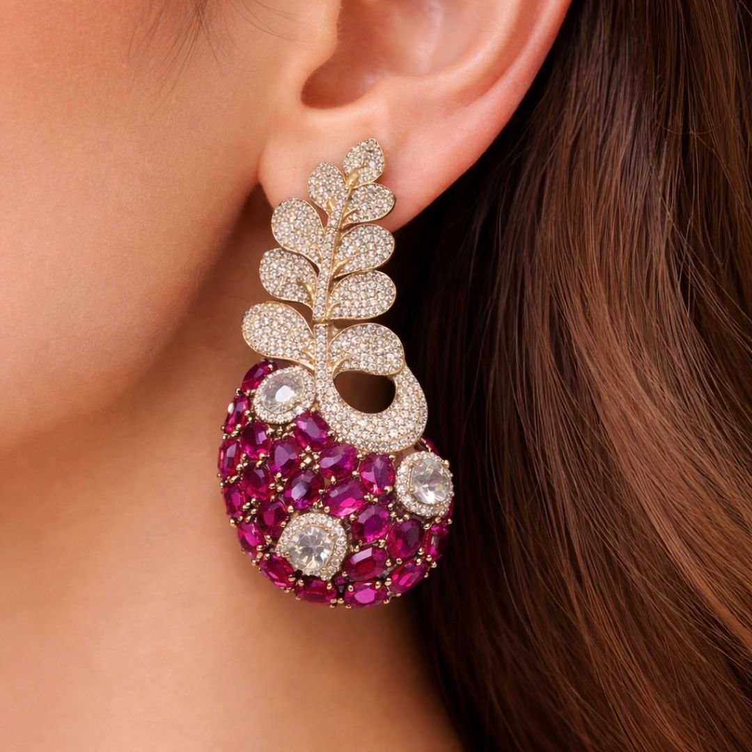 Micro-Moissanite Antique Leaf Earrings - Ruby - Image 2