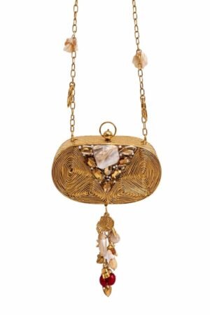 Embellished Antique Gold Mini Metal Clutch - Oval