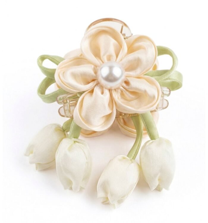 Floral Satin Hair Claw Clutcher with Pearl & Tulip Drops – Golden White