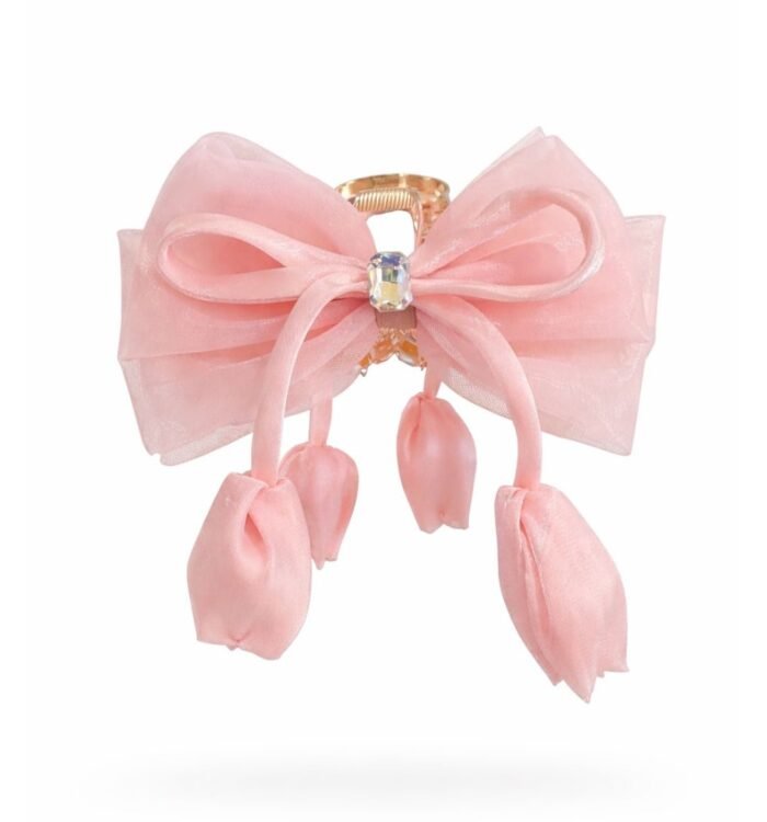 Organza Bow Hair Claw Clutcher with Tulip Drops – Pink