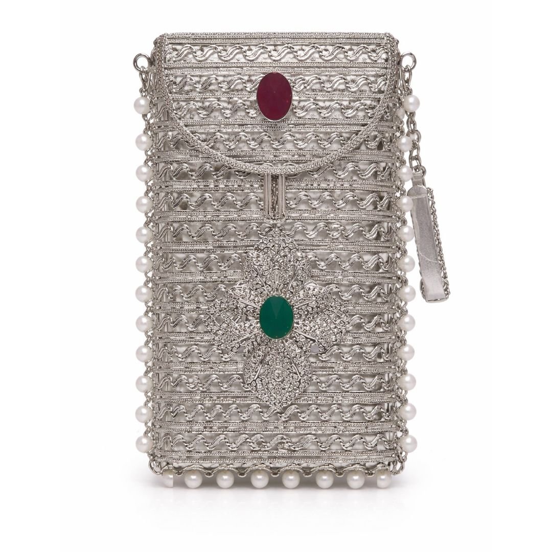 Silver Metal Mobile Clutch with Saree Hook