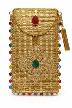 Antique Golden Metal Mobile Clutch with Multicolor Pearls