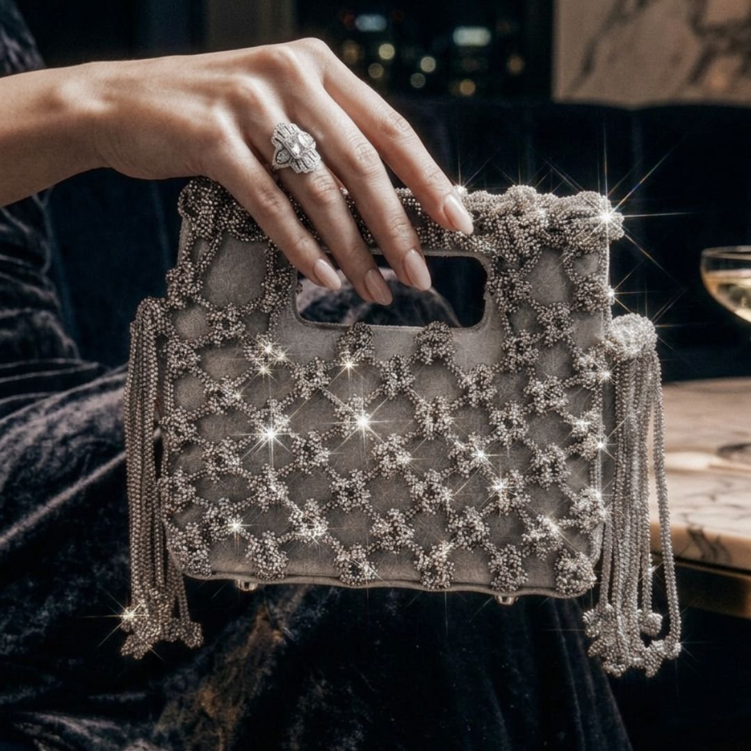 Sparkling Side Tassel Rhinestone Bling Bag - Silver - Image 2