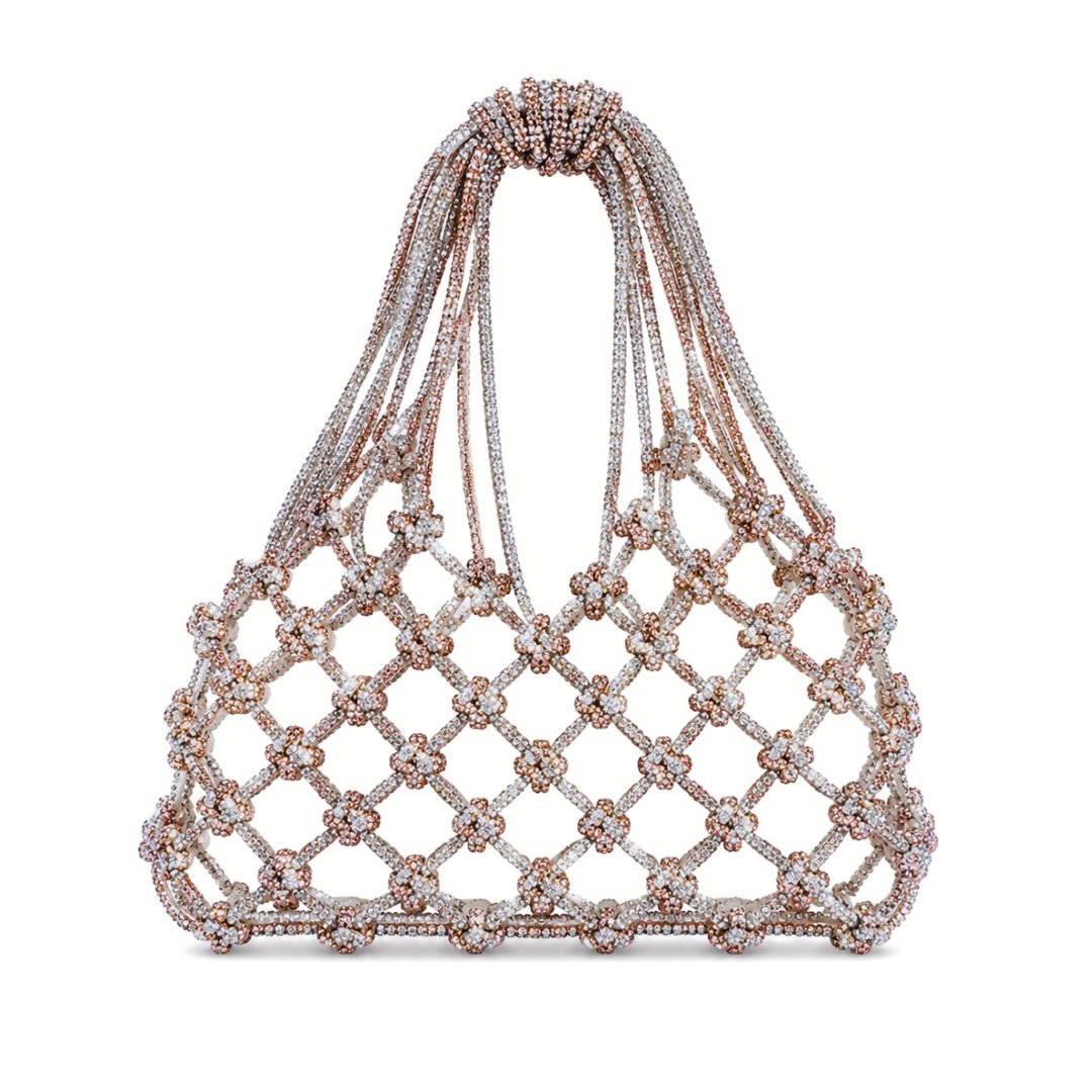 Rhinestone Beaded Bling Mobile Purse - Silver Rosegold
