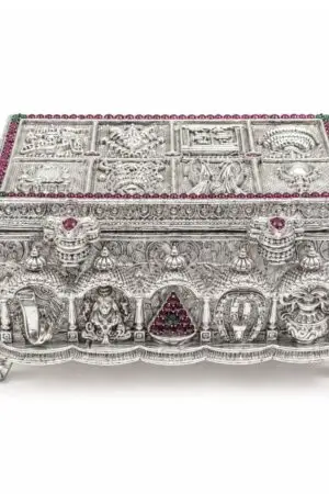 Silver Plated Temple Sindoor Box with Sacred Motif Artwork