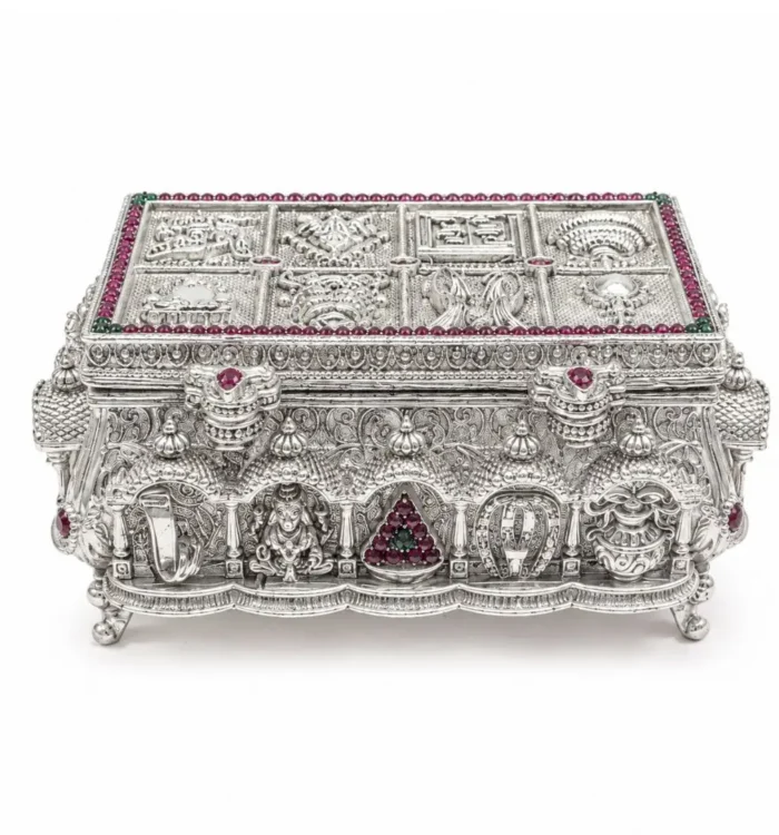 Silver Plated Temple Sindoor Box with Sacred Motif Artwork